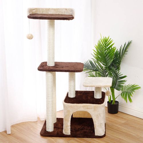 Salesbay - 3 Tier Brown Pet Play House Cat Tree Feline Scratcher Scratchpost Scratching Post Tower