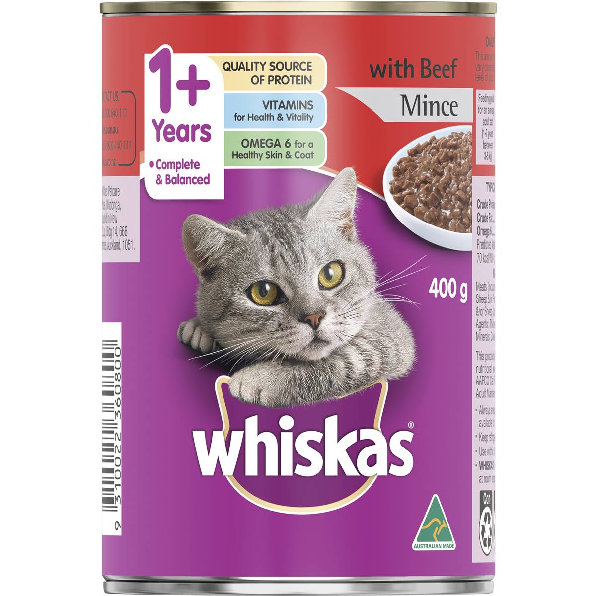 Whiskas - Adult 1+ Years Wet Cat Food With Beef Mince Can 400g - Petservo