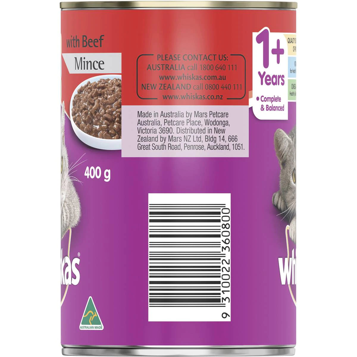 Whiskas - Adult 1+ Years Wet Cat Food With Beef Mince Can 400g - Petservo