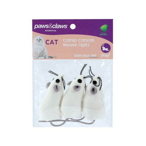 Paws and Claws - Catnip Canvas Mouse 3Pk White 6.5X3cm - 2x