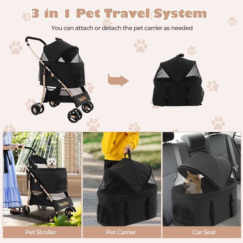 Costway - 3IN1 Pet Stroller Dog Travel Carrier Pram Small/Medium Dogs & Cats - Black