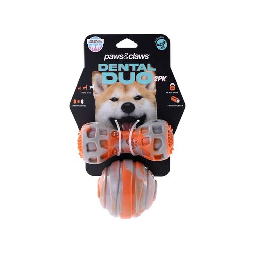 Paws and Claws - Dental Duo Pet Dog TPR Ball & Baton Orange - 2pc