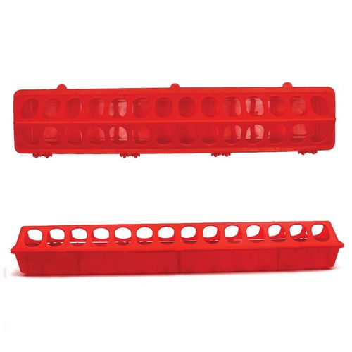 Rooster Farms - 50cm Long Poultry Feeder Chicken Feeding Trough Red Plastic Flip Top Container