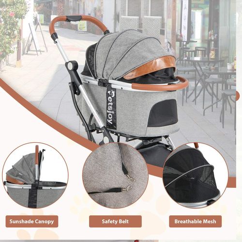 Costway - 3IN1 Pet Stroller Foldable Dog Cat Carrier 4 Wheel w/Waterproof Cover & Telescopic Handle - Grey