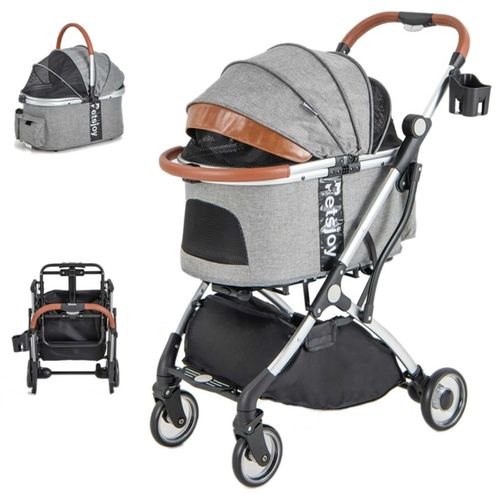 Costway - 3IN1 Pet Stroller Foldable Dog Cat Carrier 4 Wheel w/Waterproof Cover & Telescopic Handle - Grey