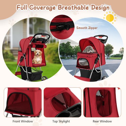 Costway - 4 Wheel Pet Stroller Dog Cat Carrier Cage Travel Pushchair Foldable Pram w/Canopy & Basket - Red