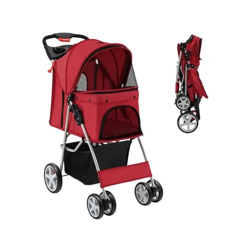 Costway - 4 Wheel Pet Stroller Dog Cat Carrier Cage Travel Pushchair Foldable Pram w/Canopy & Basket - Red