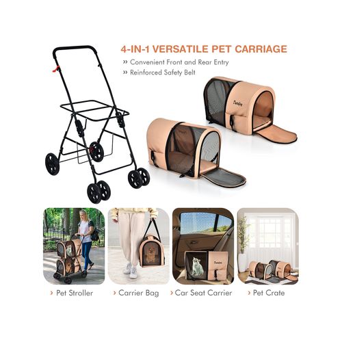 Costway - 4in1 Pet Stroller Double Layer Travel Cart Beige - cream