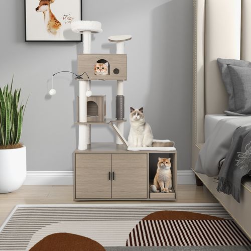 Costway - 2IN1 Cat Tree Tower Kitty Condo House Pet Litter Box Enclosure - Grey