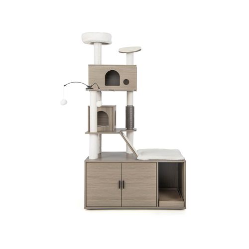 Costway - 2IN1 Cat Tree Tower Kitty Condo House Pet Litter Box Enclosure - Grey