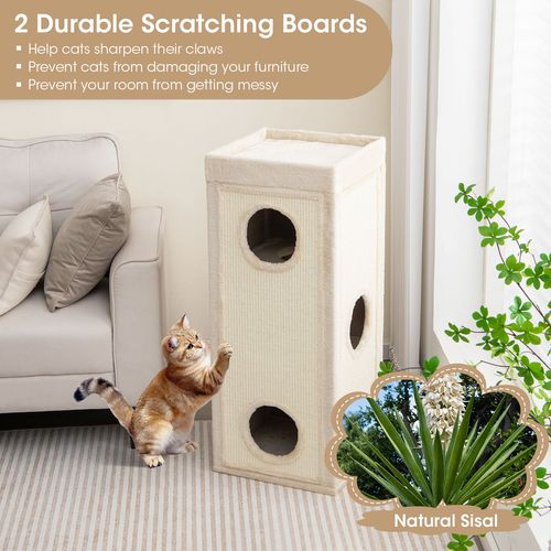 Costway - 99cm 3-Tier Cat Tower 2in1 Kitty Condo House Scratching Post w/Detachable Cover, Beige