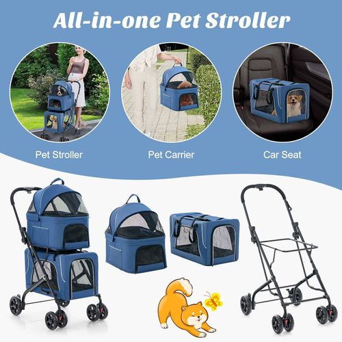 Costway - Double Layer Pet Stroller Folding Dog Travel Cart Small/Medium Dogs Cats - Blue