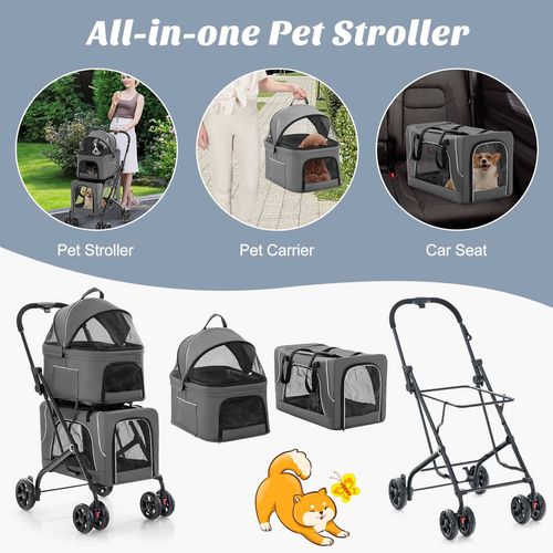 Costway - Double Layer Pet Stroller Folding Dog Travel Cart Small/Medium Dogs Cats - Grey