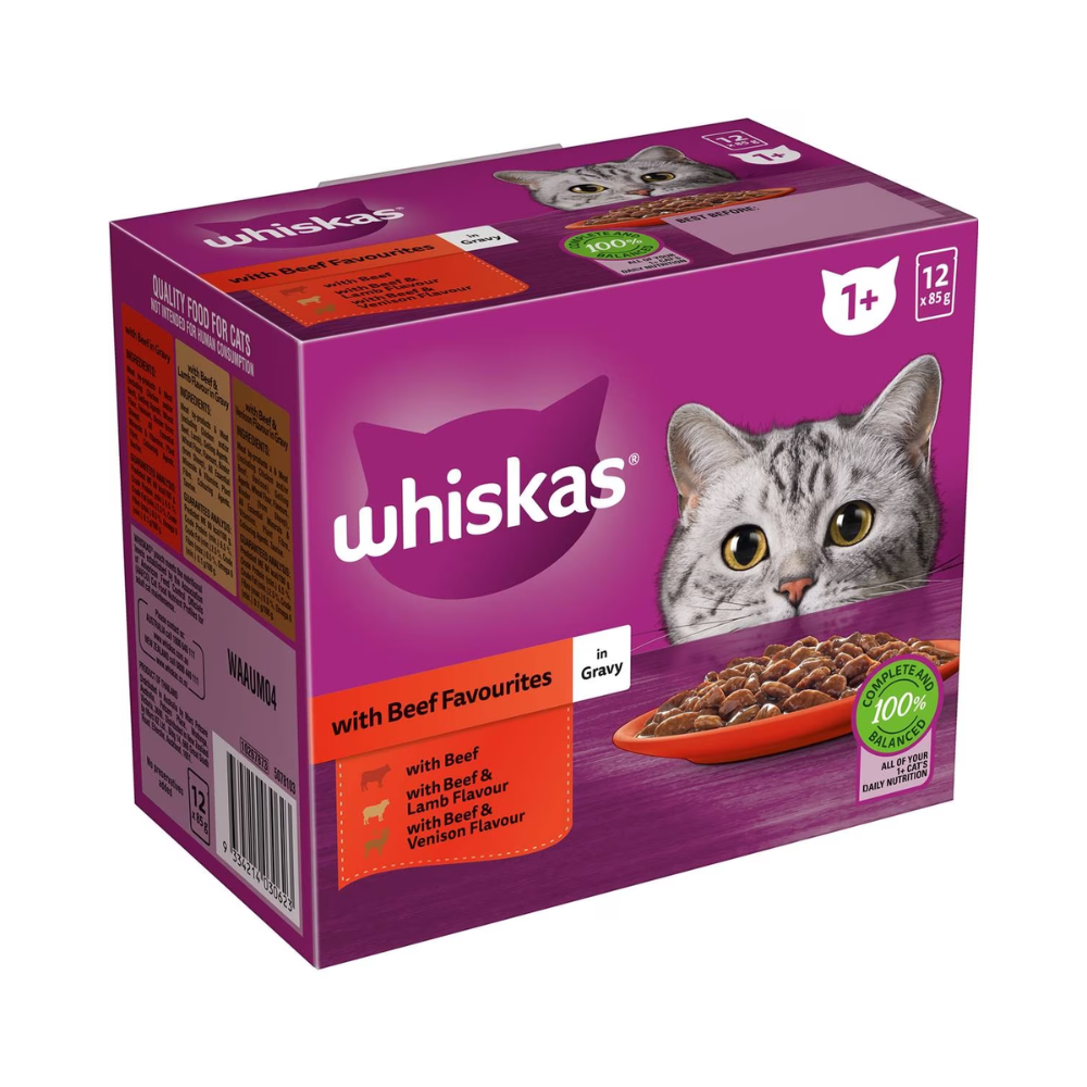 Whiskas - 1+ Years Wet Cat Food Favourites Beef In Gravy Pouch 85g X12 Pack - Petservo