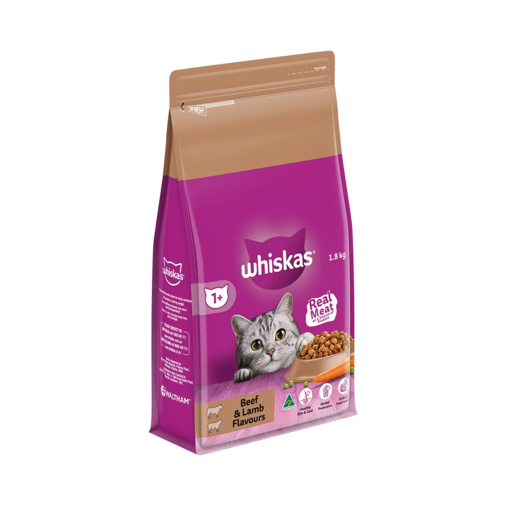 Whiskas - Adult 1+ Years Dry Cat Food Beef & Lamb Flavours 1.8kg - Petservo