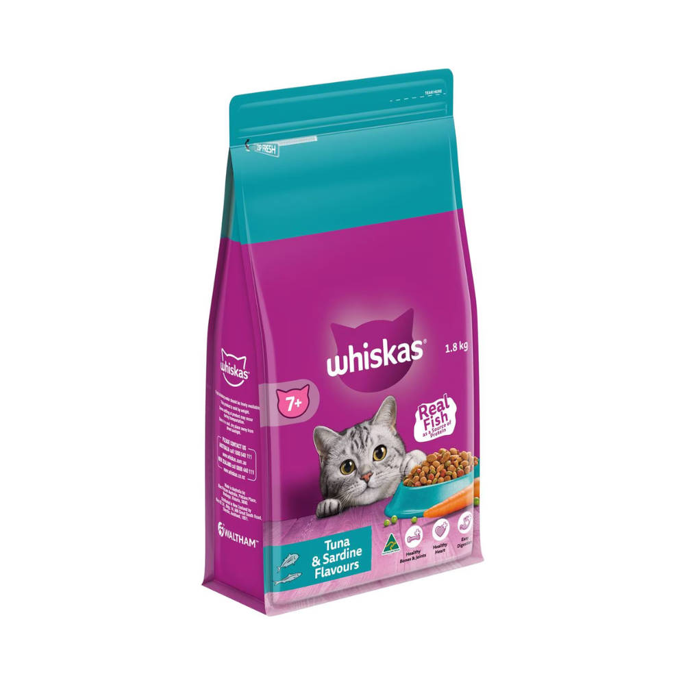 Whiskas - Senior 7+ Years Dry Cat Food Tuna & Sardine Flavours 1.8kg - Petservo