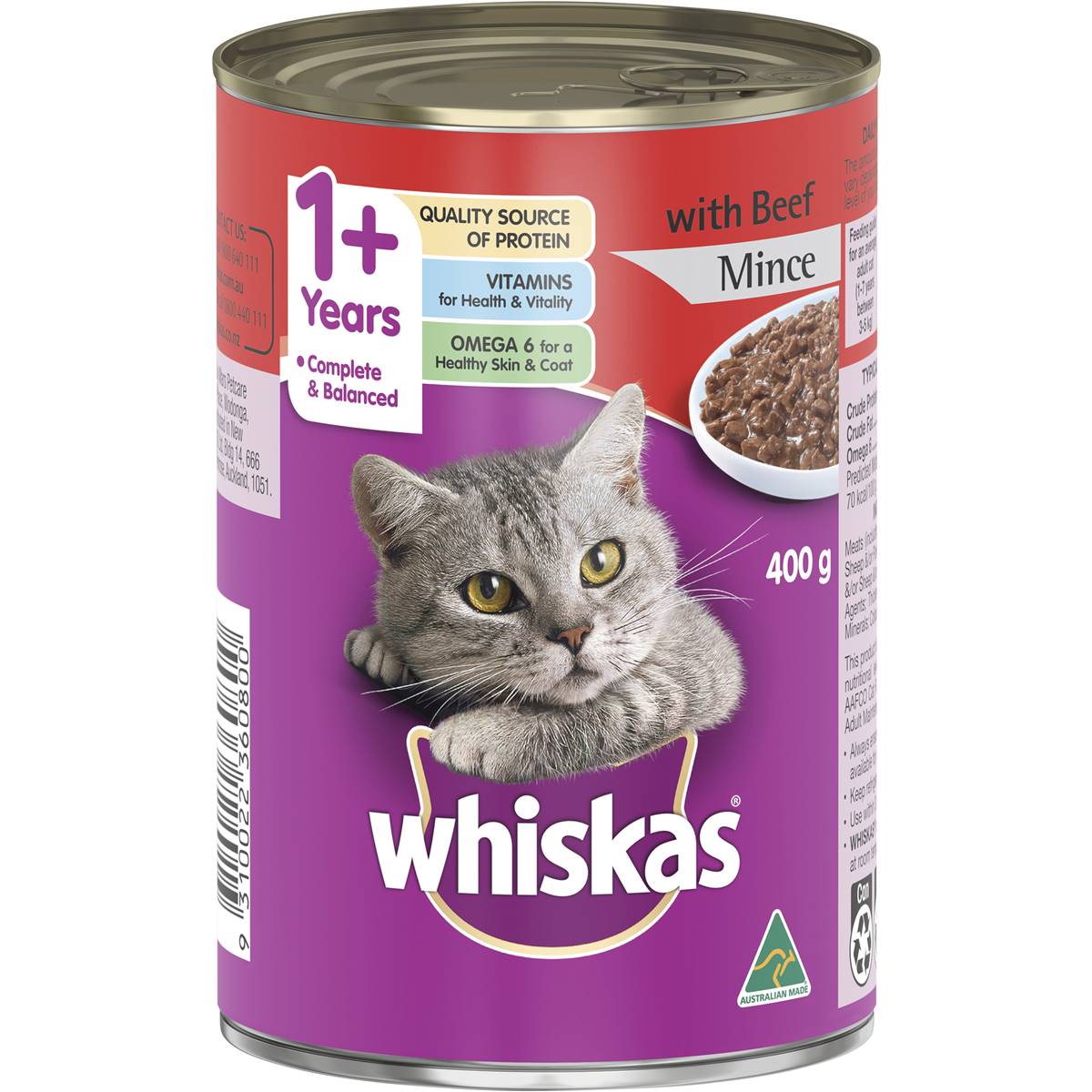 Whiskas - Adult 1+ Years Wet Cat Food With Beef Mince Can 400g - Petservo