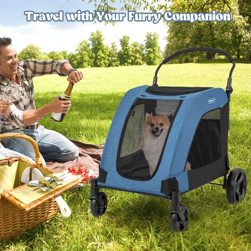 Costway - Extra Large Pet Stroller Dog Cat Carrier Cage Foldable Pet Pram Travel Cart - Black