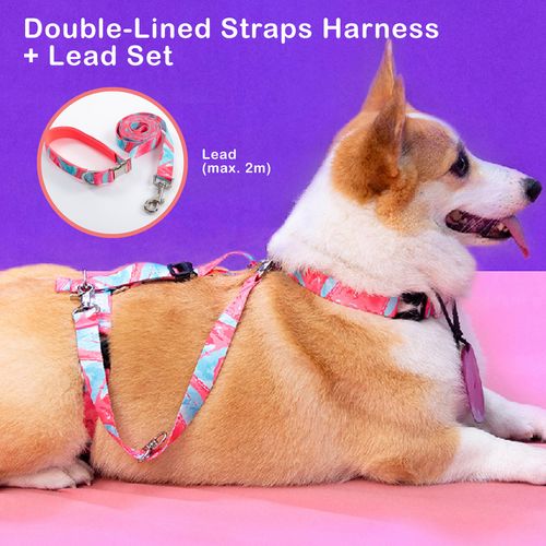 Paw Mate - Banhamsisun Marbel Dog Double-Lined Straps Harness and Lead Set Leash Adjustable No Pull - Pink - Small - petservo