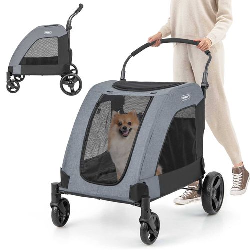 Costway - Foldable Pet Stroller Dog Cat Carrier Cage Extra Large Pet Pram Travel Cart - Grey