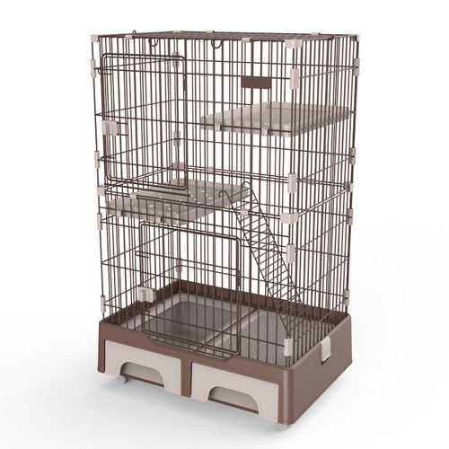 YES4PETS - 134 cm Brown Pet 3 Level Cat Cage House With Litter Tray And Storage Box