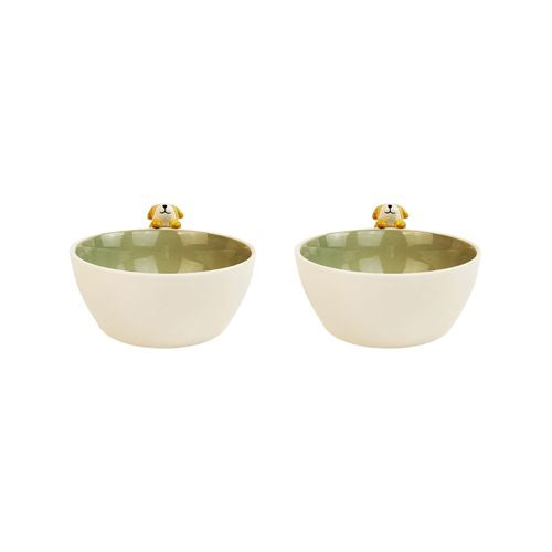 Urban - Cute Dog Hanger 8cm Ceramic Bowl - White/green - 2pk