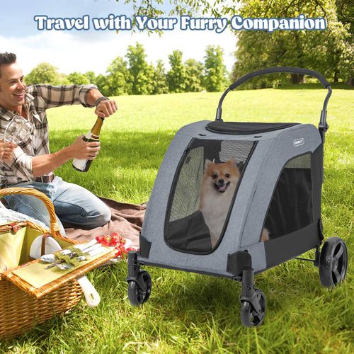 Costway - Foldable Pet Stroller Dog Cat Carrier Cage Extra Large Pet Pram Travel Cart - Grey