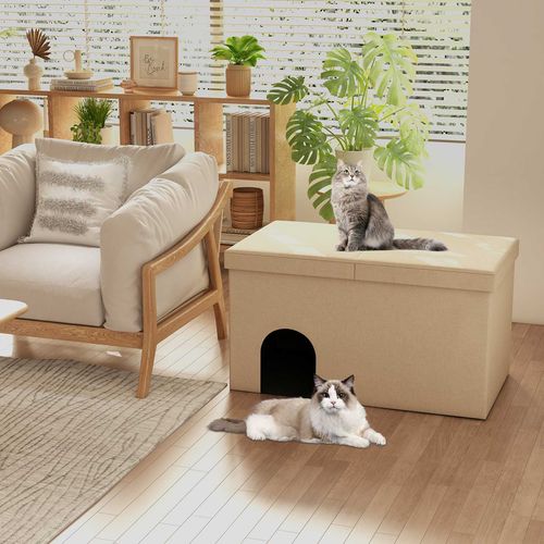 Costway - Cat Litter Box Enclosure House Shoe Storage Bench Pet Furniture w/Flip-up Lid & Litter Mat - Beige