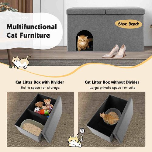 Costway - Cat Litter Box Enclosure House Shoe Storage Bench Pet Furniture w/Flip-up Lid & Litter - Mat Grey