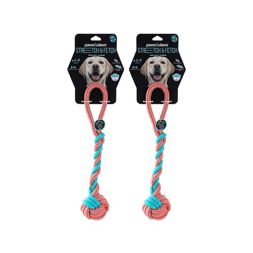 Paws and Claws - 42cm Stretch & Fetch TPR/Braided Rope Knot Ball Tugger - 2PK