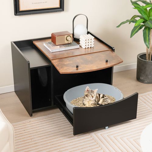 Costway - Cat Litter Box Pull-out Drawer Wooden Pet Furniture Living Room Entryway - Black