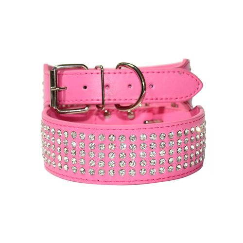 Cottonmore - Dog Leather Collar Five Row Blingbling Rhinestones Diamante Collar Hotpink - Small