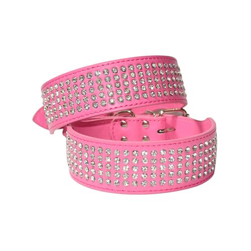 Cottonmore - Dog Leather Collar Five Row Blingbling Rhinestones Diamante Collar Hotpink - Large