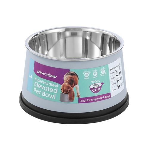 Paws and Claws - Elevated 900ml/15cm Stainless Steel Pet Bowl Non-Slip - Grey - 2x