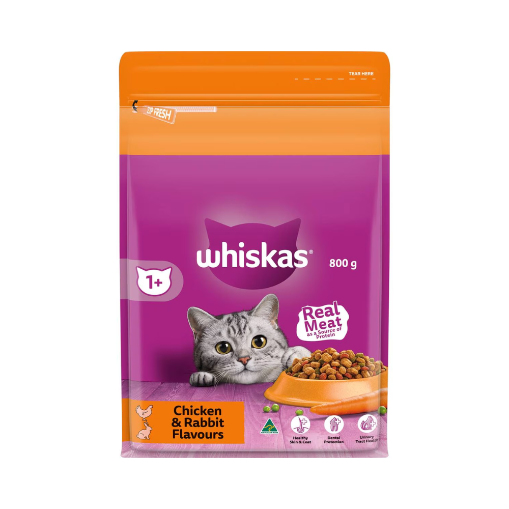 Whiskas - Adult 1+ Years Dry Cat Food Chicken & Rabbit Flavours 800g - Petservo