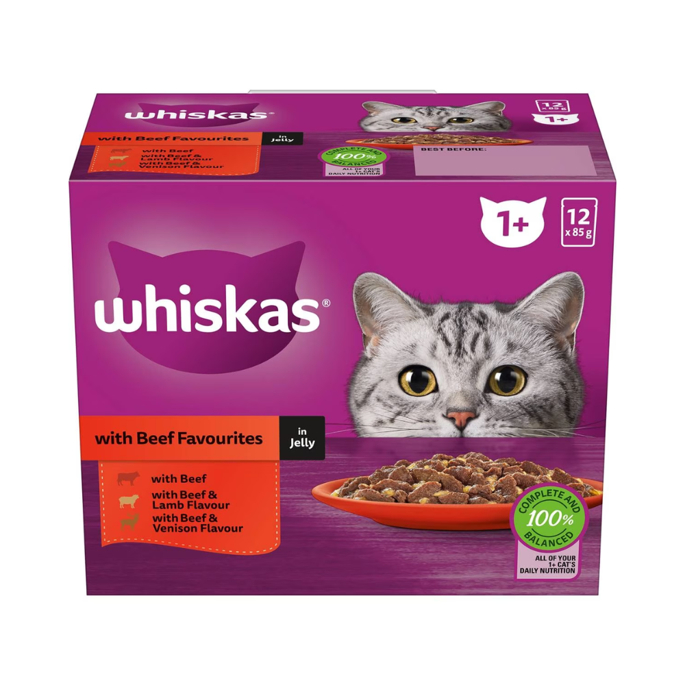 Whiskas - Adult 1 + Years Wet Cat Food Beef Favourites In Jelly 85g X 12 Pack - Petservo