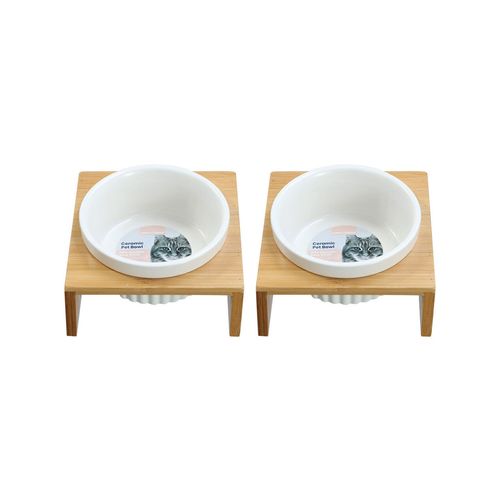 Paws and Claws - 13x12cm/300ml Ceramic Pet Cat Bowl Bamboo Base 2x