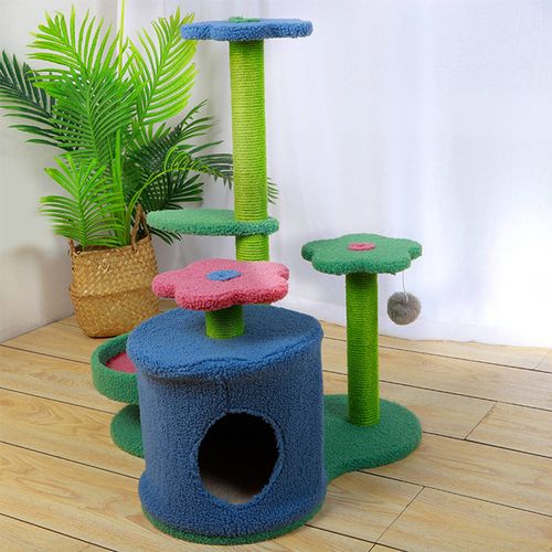 Salesbay - 3 Tier Flower Pet Play House Cat Tree Feline Scratcher Scratchpost Scratching Post Tower - Blue - petservo