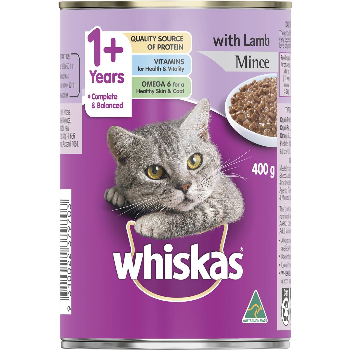 Whiskas - 1+ Years Wet Cat Food Lamb Mince 400g Can - Petservo