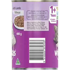 Whiskas - 1+ Years Wet Cat Food Lamb Mince 400g Can - Petservo