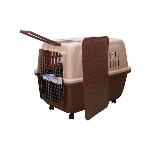 YES4PETS - Plastic Kennels Pet Carrier Dog Cat Cage Crate With Handle and Removable Wheel - Brown - X Large