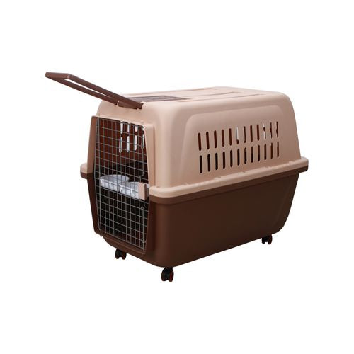 YES4PETS - Plastic Kennels Pet Carrier Dog Cat Cage Crate With Handle and Removable Wheel - Brown - X Large