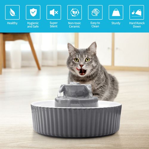 YES4PETS - Grey Ceramic Electric Pet Water Fountain Dog Cat Water Feeder Bowl Dispenser