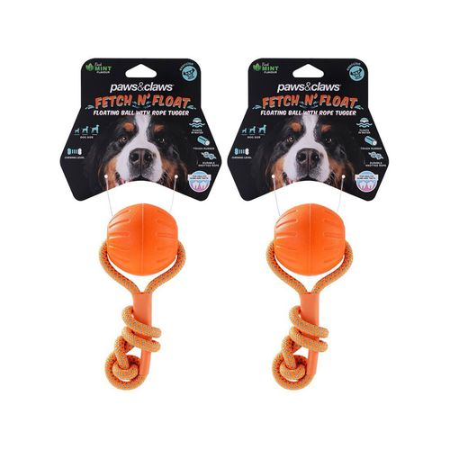 Paws and Claws - Fetch N' Play Pet Dog Ball Rope Tugger 6cm - Orange - 2PK