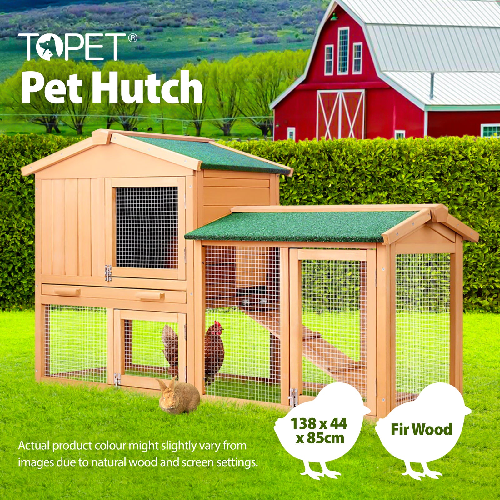 TOPET - Wooden Chicken Coop Rabbit Hutch Large House Run Outdoor Farm Pet Cage - Petservo