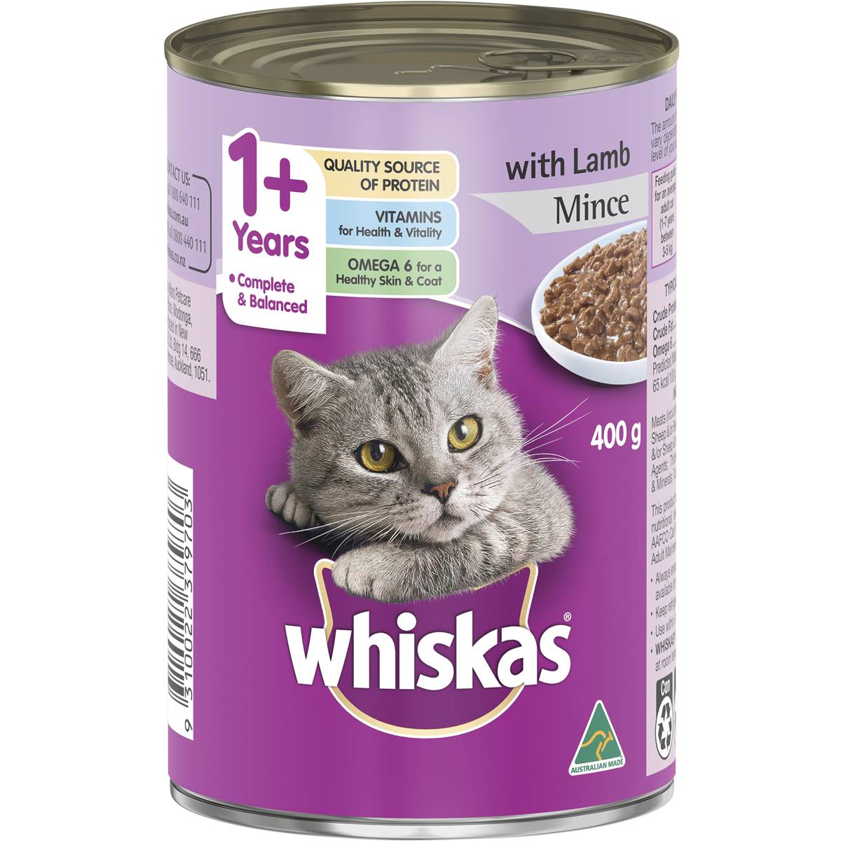 Whiskas - 1+ Years Wet Cat Food Lamb Mince 400g Can - Petservo