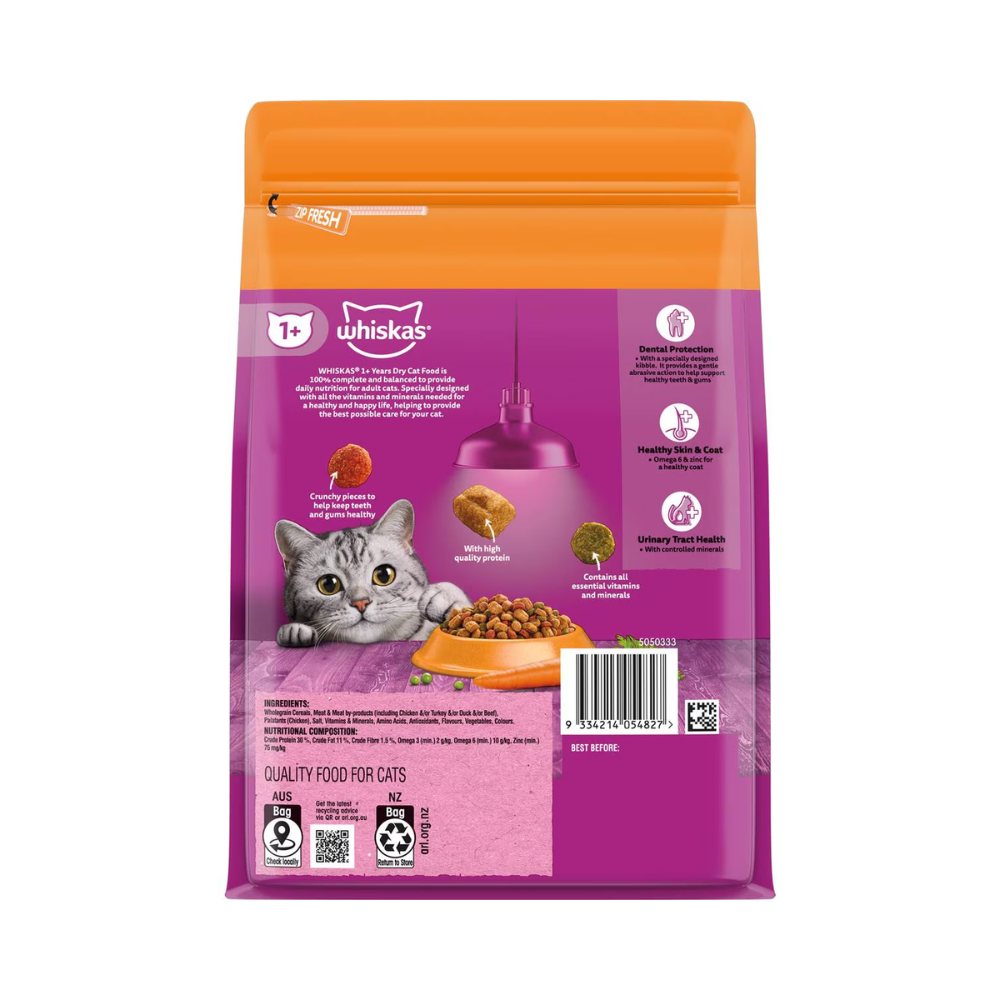 Whiskas - Adult 1+ Years Dry Cat Food Chicken & Rabbit Flavours 800g - Petservo