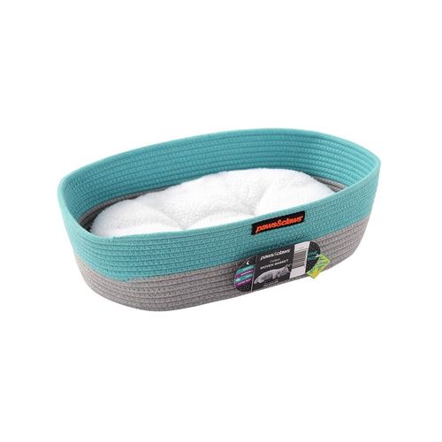 Paws and Claws - 40x32x13cm Cotton Woven Basket Cat Bed w/ Cushion Teal - Grey