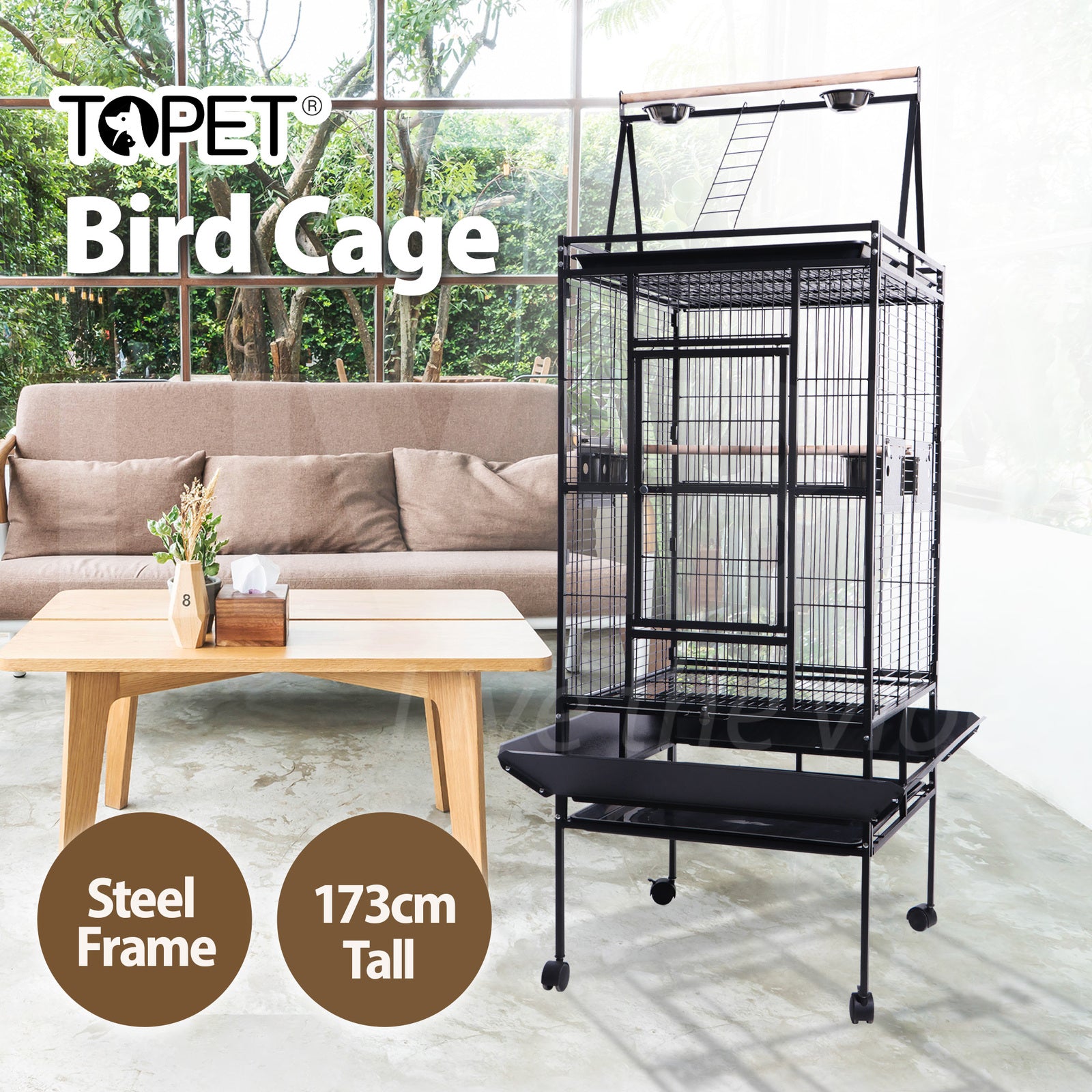 TOPET - Pet Bird Cage Parrot Aviary Pet Stand-Alone Budgie Perch Stand Alone Cages with Wheels 173cm - Petservo