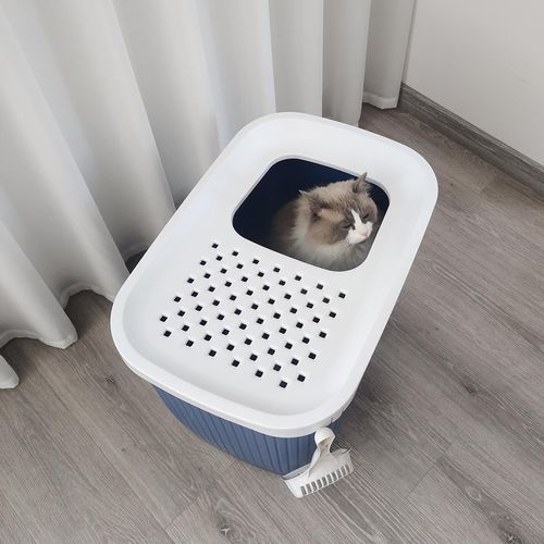 YES4PETS - XXL Top Entry Cat Litter Box No Mess Large Enclosed Covered Kitty Tray Dark Blue